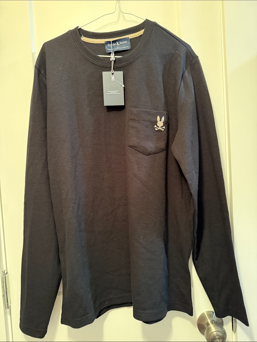 Psycho Bunny Men's Black Long-Sleeve Waffle Pocket Tee size M NWT